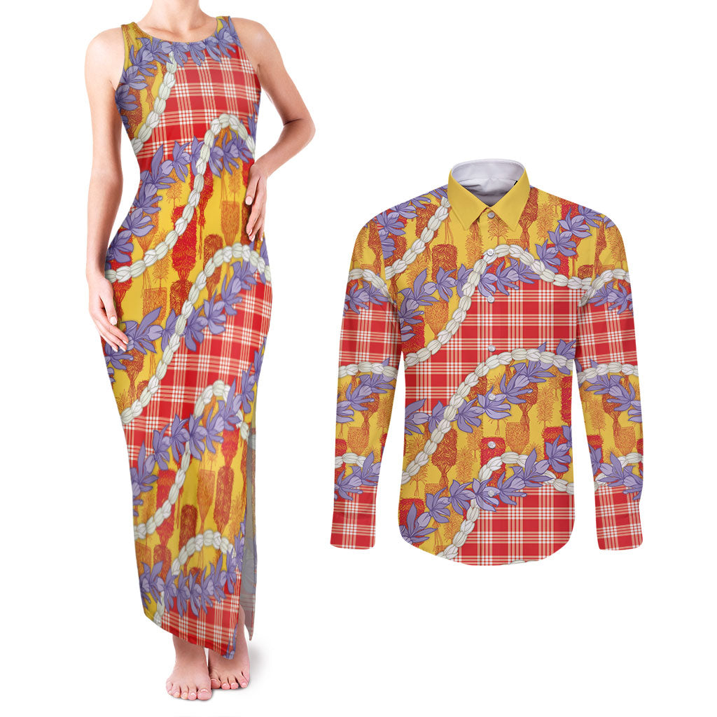 Hawaii Kahili Palaka Motifs Couples Matching Tank Maxi Dress and Long Sleeve Button Shirt Hawaiian Honohono Pikake Lei