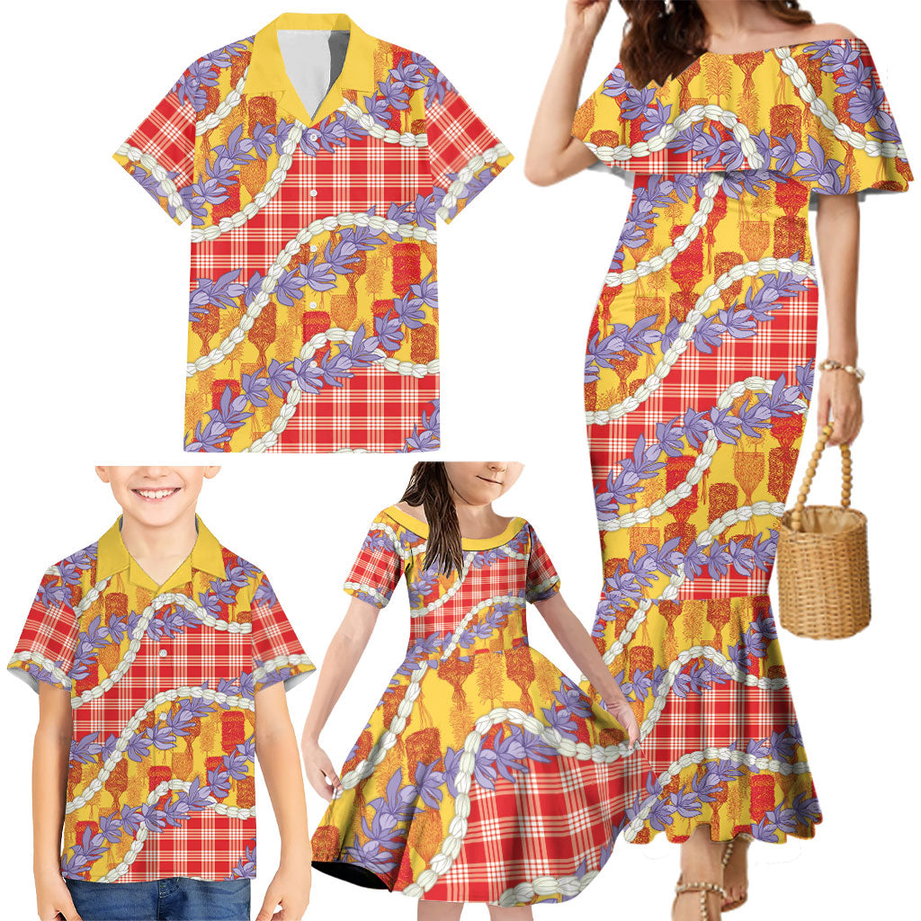 Hawaii Kahili Palaka Motifs Family Matching Mermaid Dress and Hawaiian Shirt Hawaiian Honohono Pikake Lei