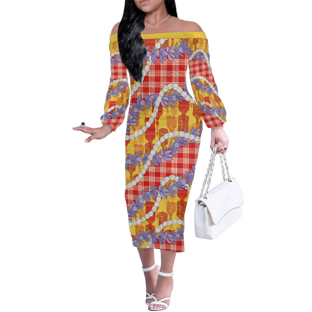 Hawaii Kahili Palaka Motifs Family Matching Off The Shoulder Long Sleeve Dress and Hawaiian Shirt Hawaiian Honohono Pikake Lei