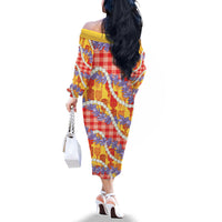 Hawaii Kahili Palaka Motifs Family Matching Off The Shoulder Long Sleeve Dress and Hawaiian Shirt Hawaiian Honohono Pikake Lei