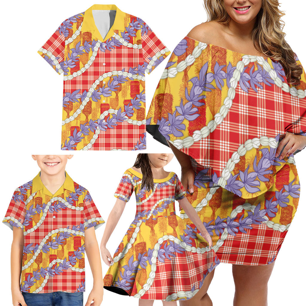 Hawaii Kahili Palaka Motifs Family Matching Off Shoulder Short Dress and Hawaiian Shirt Hawaiian Honohono Pikake Lei