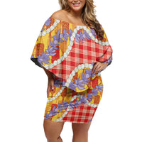 Hawaii Kahili Palaka Motifs Family Matching Off Shoulder Short Dress and Hawaiian Shirt Hawaiian Honohono Pikake Lei