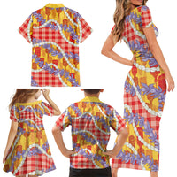 Hawaii Kahili Palaka Motifs Family Matching Short Sleeve Bodycon Dress and Hawaiian Shirt Hawaiian Honohono Pikake Lei