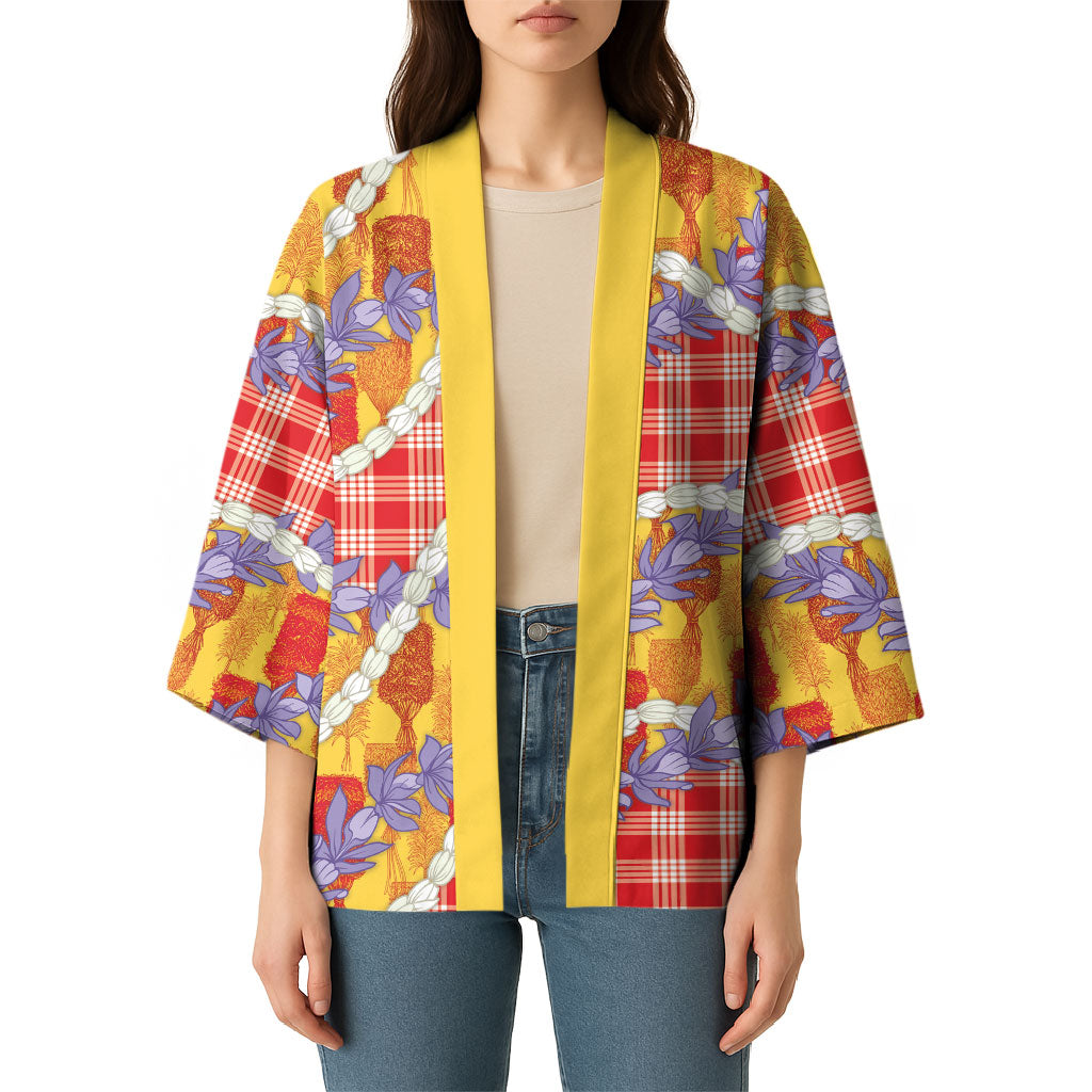 Hawaii Kahili Palaka Motifs Kimono Hawaiian Honohono Pikake Lei