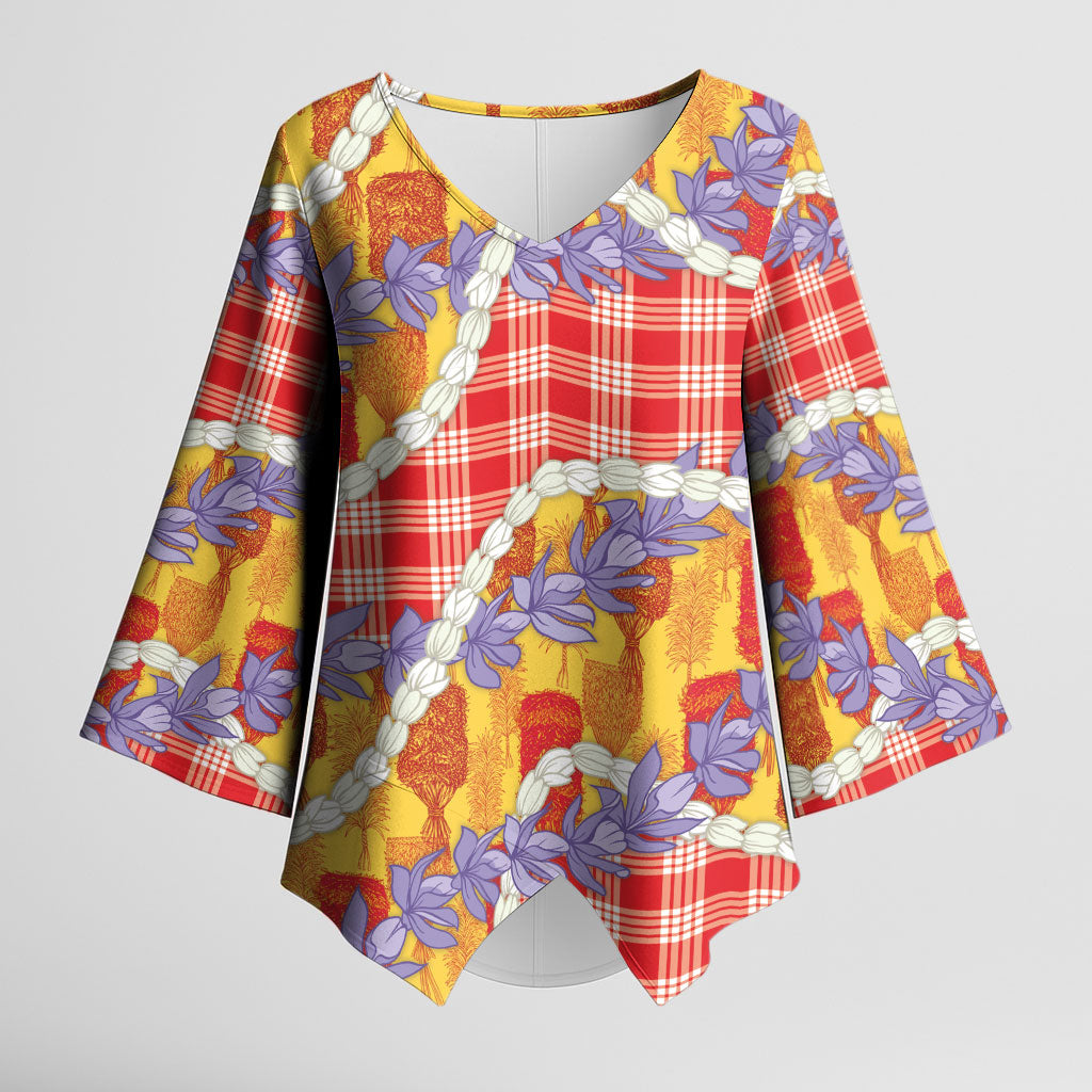 Hawaii Kahili Palaka Motifs Kimono Sleeve Blouse Hawaiian Honohono Pikake Lei