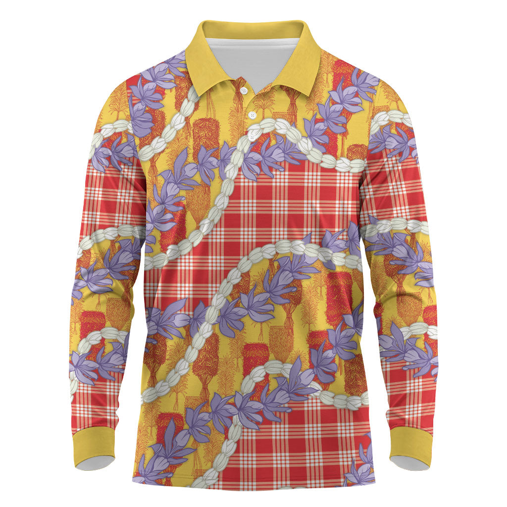 Hawaii Kahili Palaka Motifs Long Sleeve Polo Shirt Hawaiian Honohono Pikake Lei