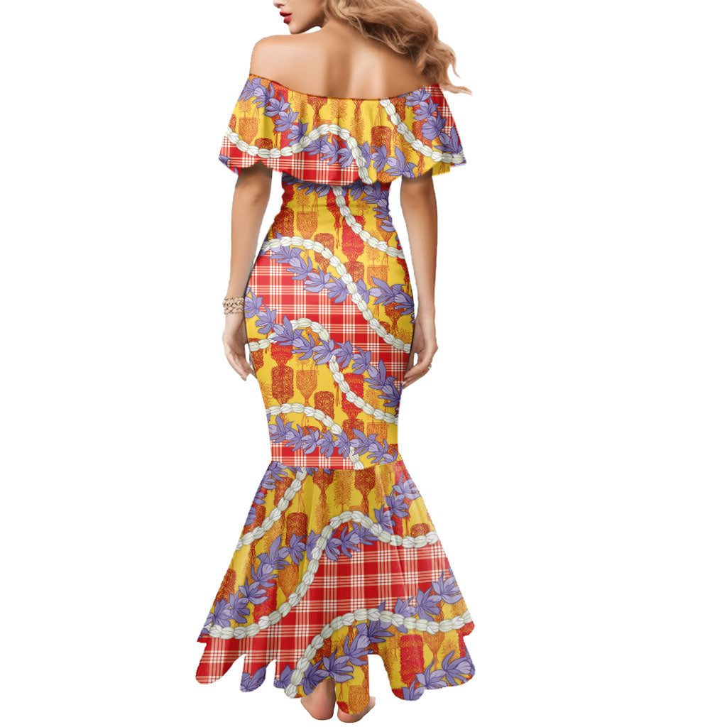 Hawaii Kahili Palaka Motifs Mermaid Dress Hawaiian Honohono Pikake Lei