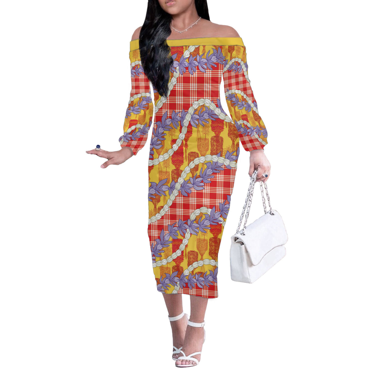 Hawaii Kahili Palaka Motifs Off The Shoulder Long Sleeve Dress Hawaiian Honohono Pikake Lei