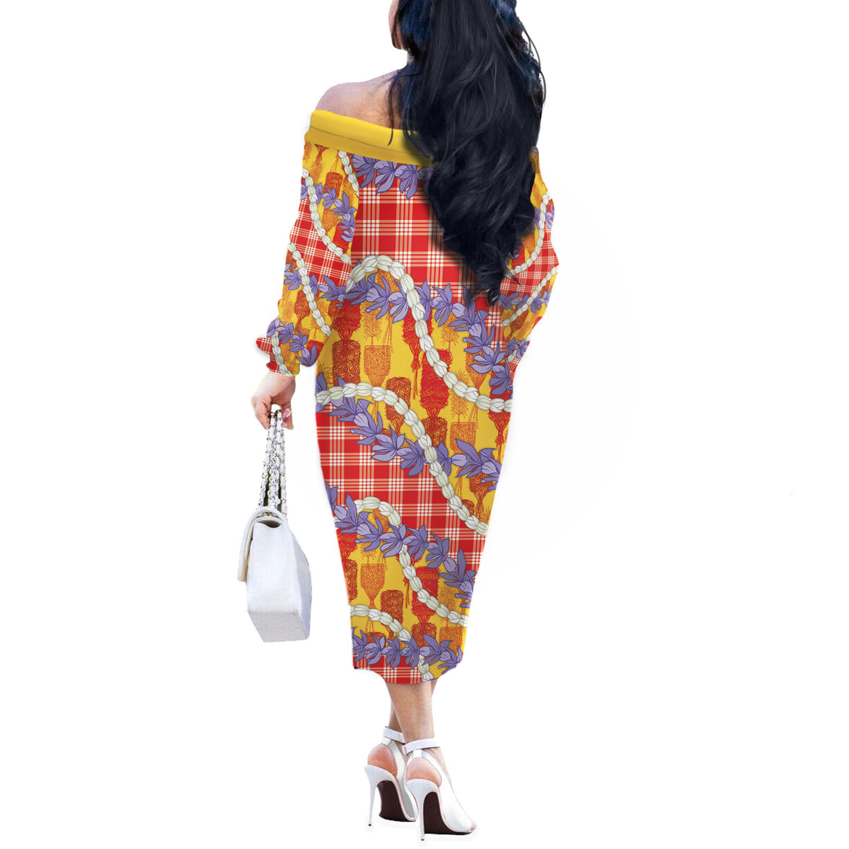 Hawaii Kahili Palaka Motifs Off The Shoulder Long Sleeve Dress Hawaiian Honohono Pikake Lei