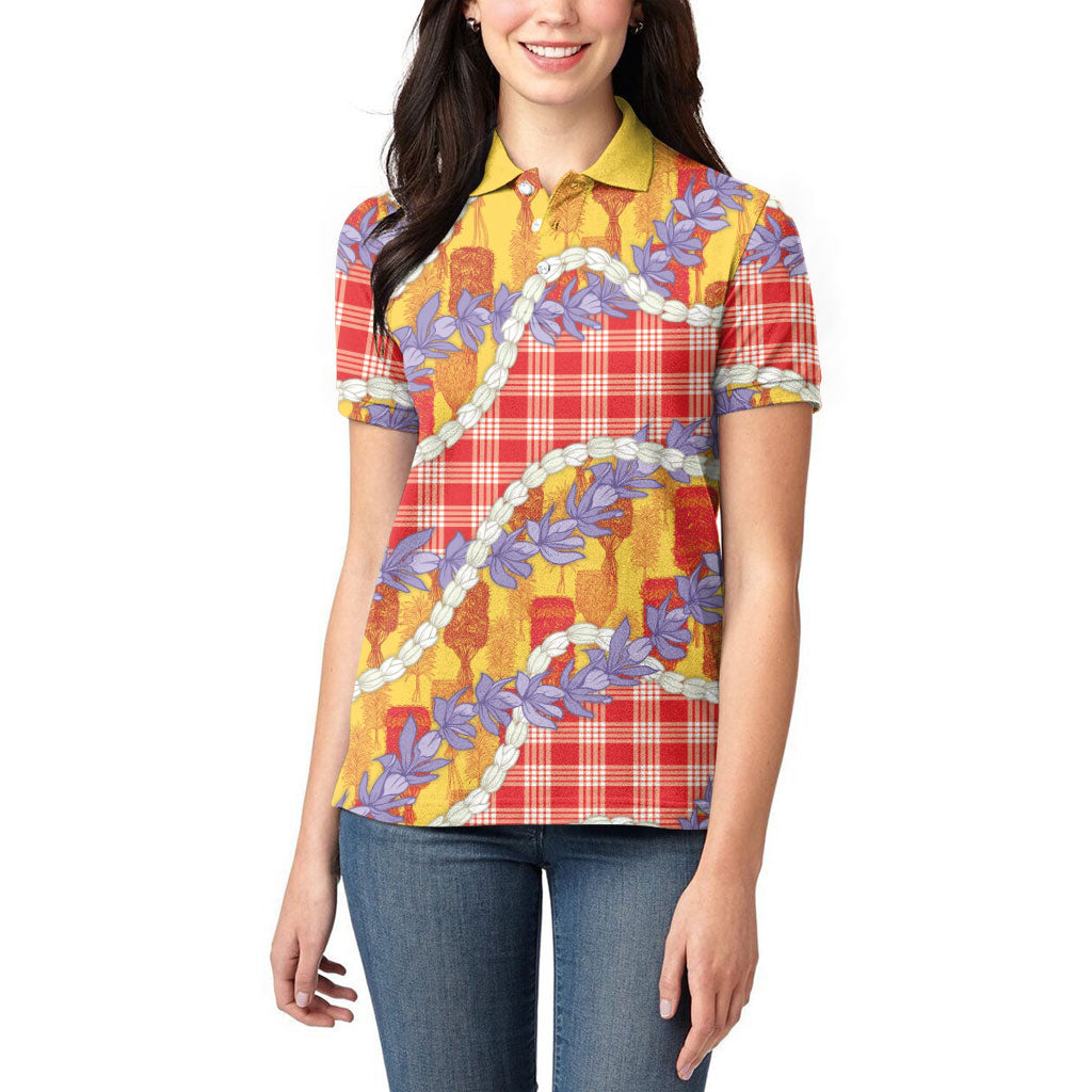 Hawaii Kahili Palaka Motifs Women Polo Shirt Hawaiian Honohono Pikake Lei