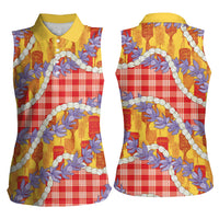 Hawaii Kahili Palaka Motifs Women Sleeveless Polo Shirt Hawaiian Honohono Pikake Lei