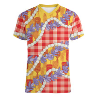 Hawaii Kahili Palaka Motifs Women V-Neck T-Shirt Hawaiian Honohono Pikake Lei