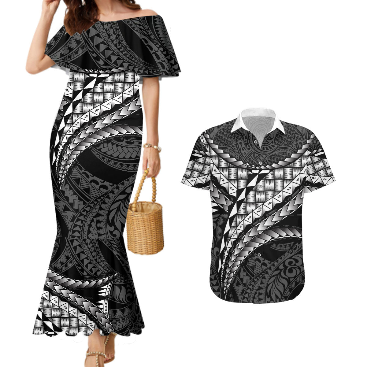 Hawaii Lauhala Tattoo Couples Matching Mermaid Dress and Hawaiian Shirt Hawaiian Hala Leaf Weaving