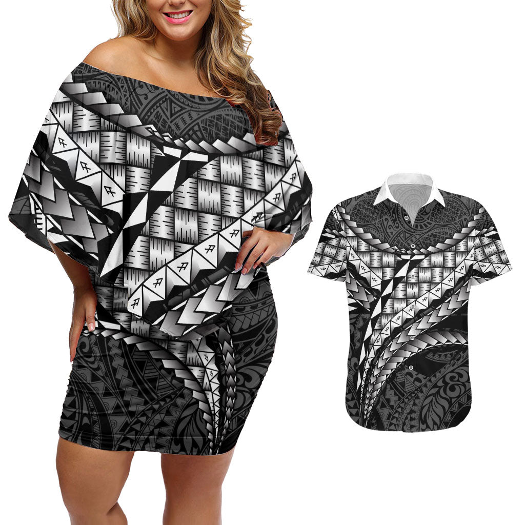 Hawaii Lauhala Tattoo Couples Matching Off Shoulder Short Dress and Hawaiian Shirt Hawaiian Hala Leaf Weaving