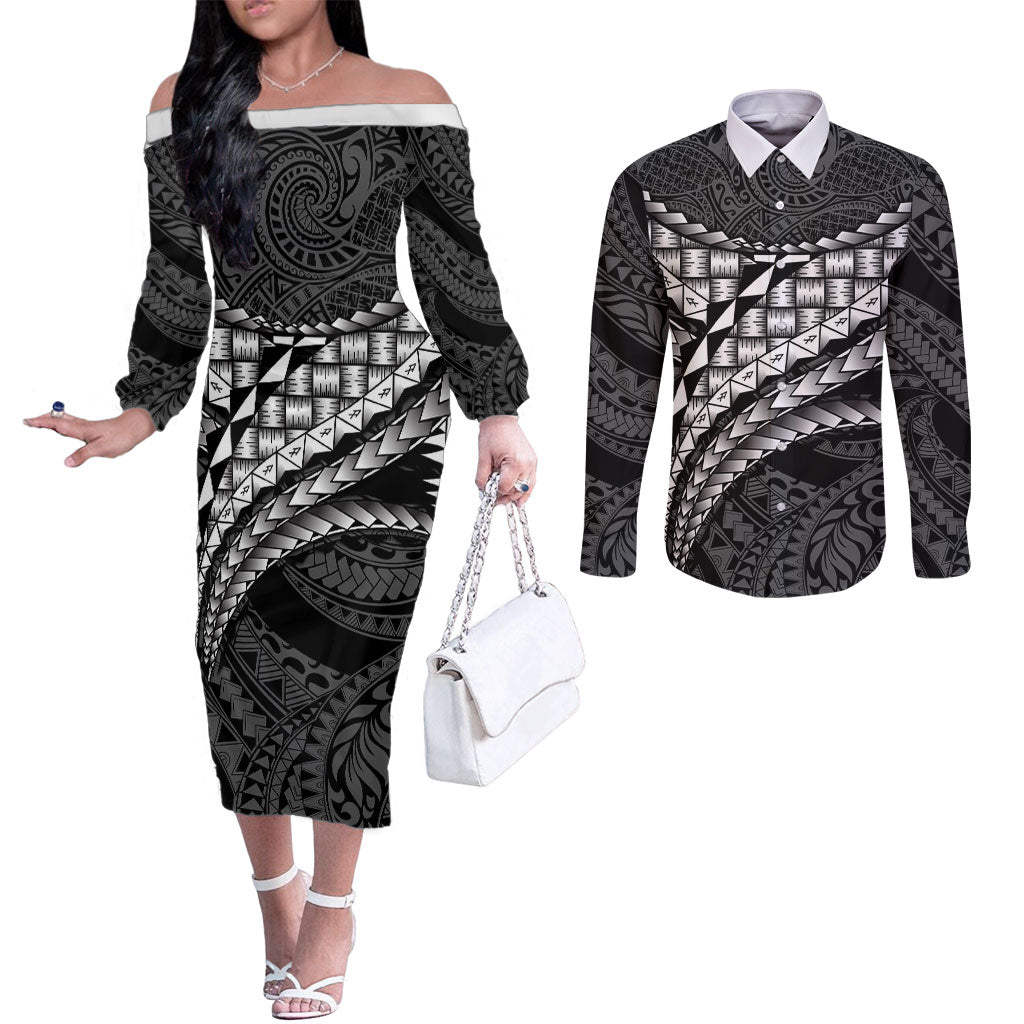 Hawaii Lauhala Tattoo Couples Matching Off The Shoulder Long Sleeve Dress and Long Sleeve Button Shirt Hawaiian Hala Leaf Weaving