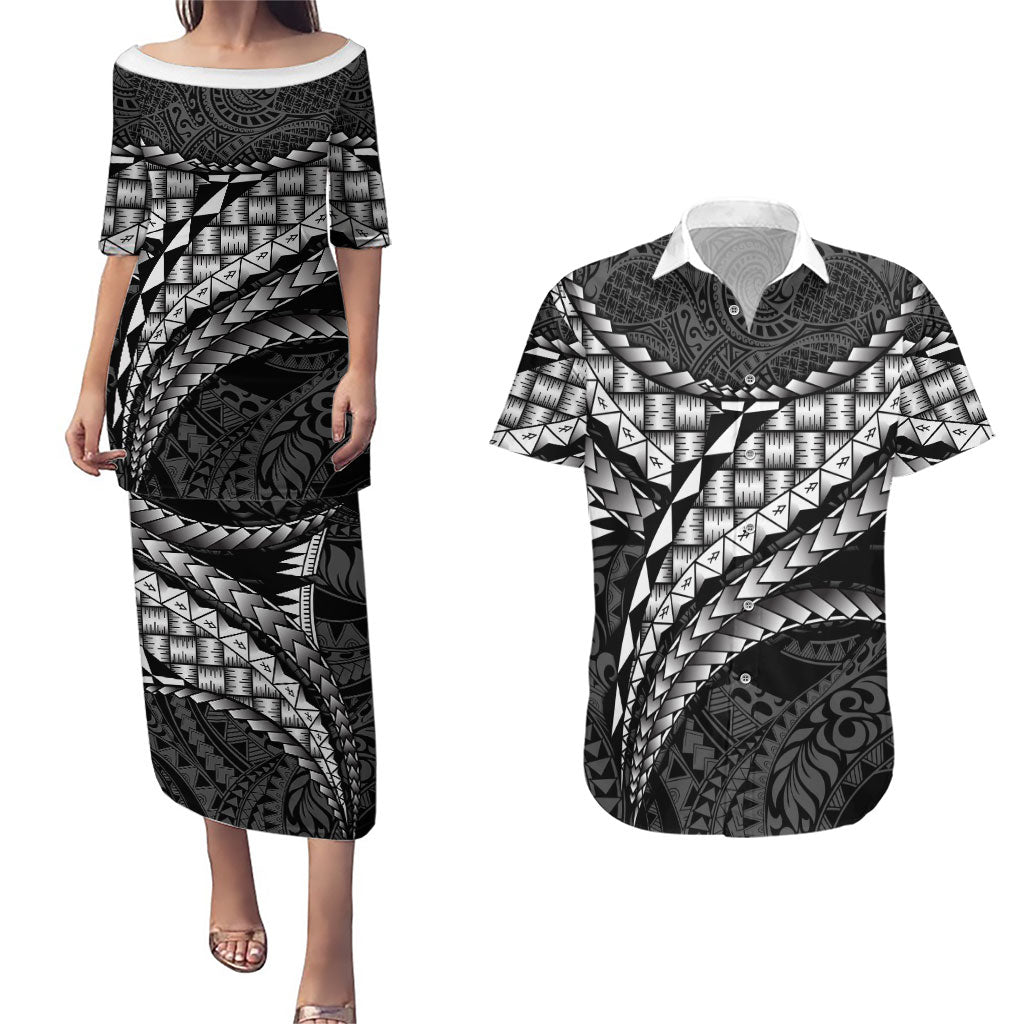 Hawaii Lauhala Tattoo Couples Matching Puletasi and Hawaiian Shirt Hawaiian Hala Leaf Weaving LT14 Black - Polynesian Pride