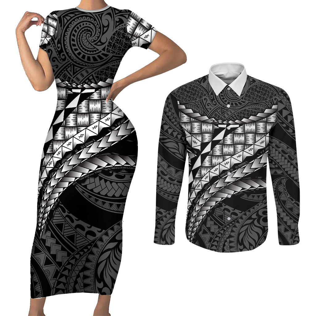 Hawaii Lauhala Tattoo Couples Matching Short Sleeve Bodycon Dress and Long Sleeve Button Shirt Hawaiian Hala Leaf Weaving