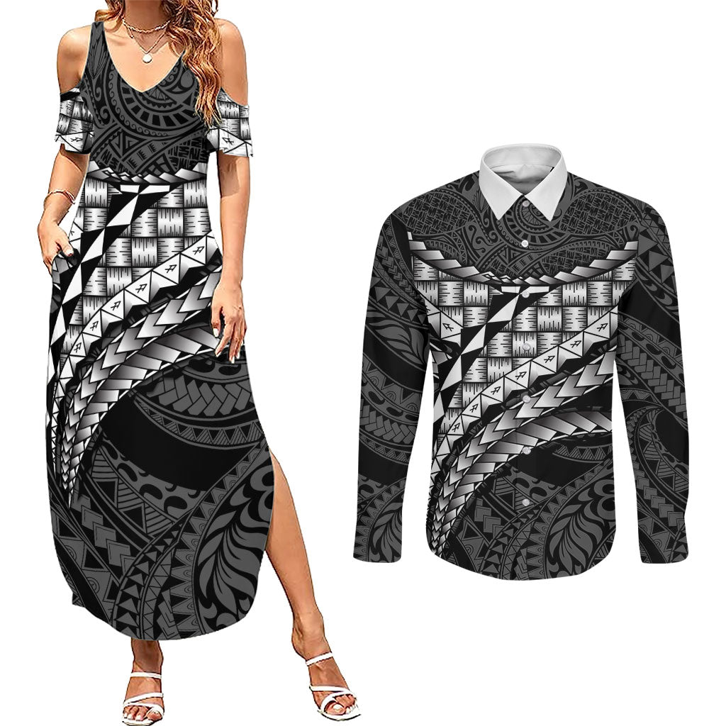 Hawaii Lauhala Tattoo Couples Matching Summer Maxi Dress and Long Sleeve Button Shirt Hawaiian Hala Leaf Weaving