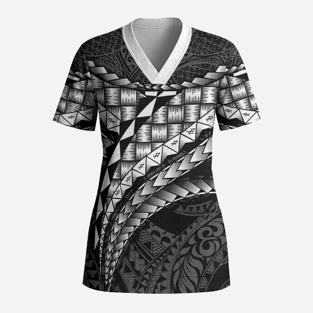 Hawaii Lauhala Tattoo Scrub Top Hawaiian Hala Leaf Weaving LT14 Adult Black - Polynesian Pride