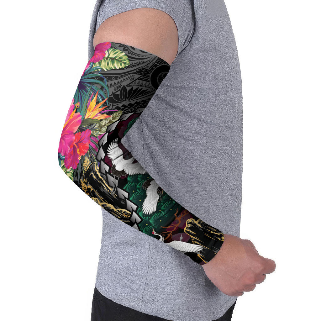Hawaiian and Japanese Culture Arm Sleeves Crane Sakura Hibiscus Tropical Vibes
