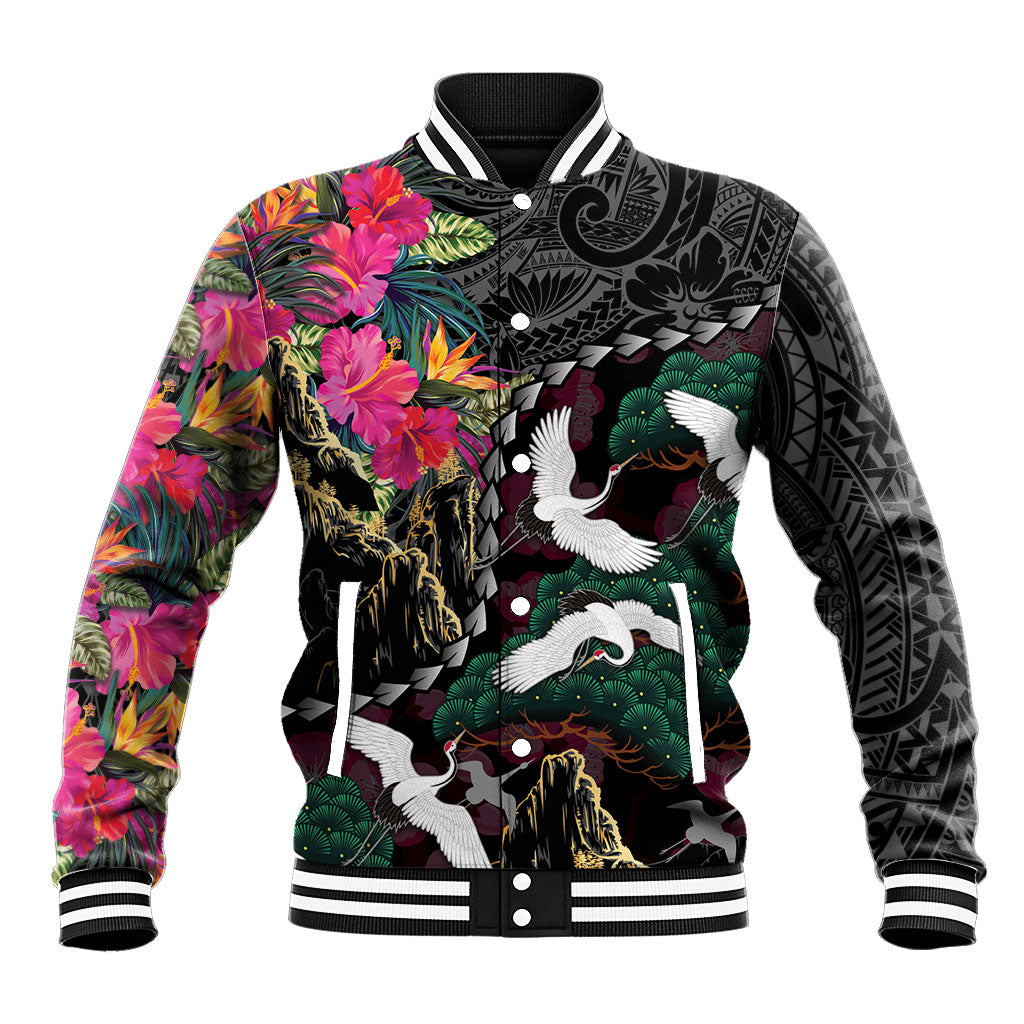 Hawaiian and Japanese Culture Baseball Jacket Crane Sakura Hibiscus Tropical Vibes