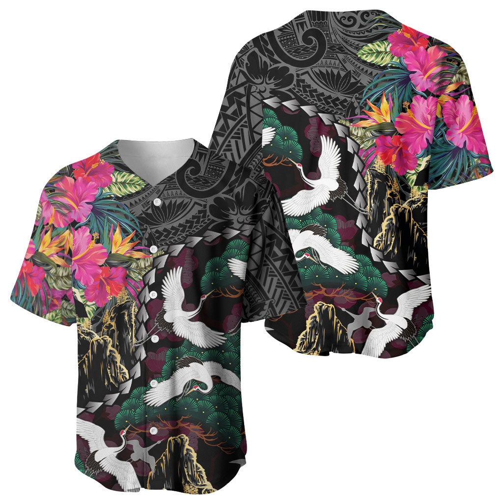 Hawaiian and Japanese Culture Baseball Jersey Crane Sakura Hibiscus Tropical Vibes