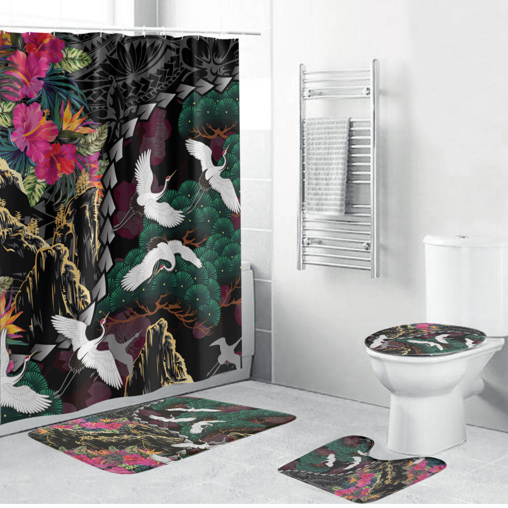 Hawaiian and Japanese Culture Bathroom Set Crane Sakura Hibiscus Tropical Vibes LT14 Bathroom Set (4 pcs) Black - Polynesian Pride