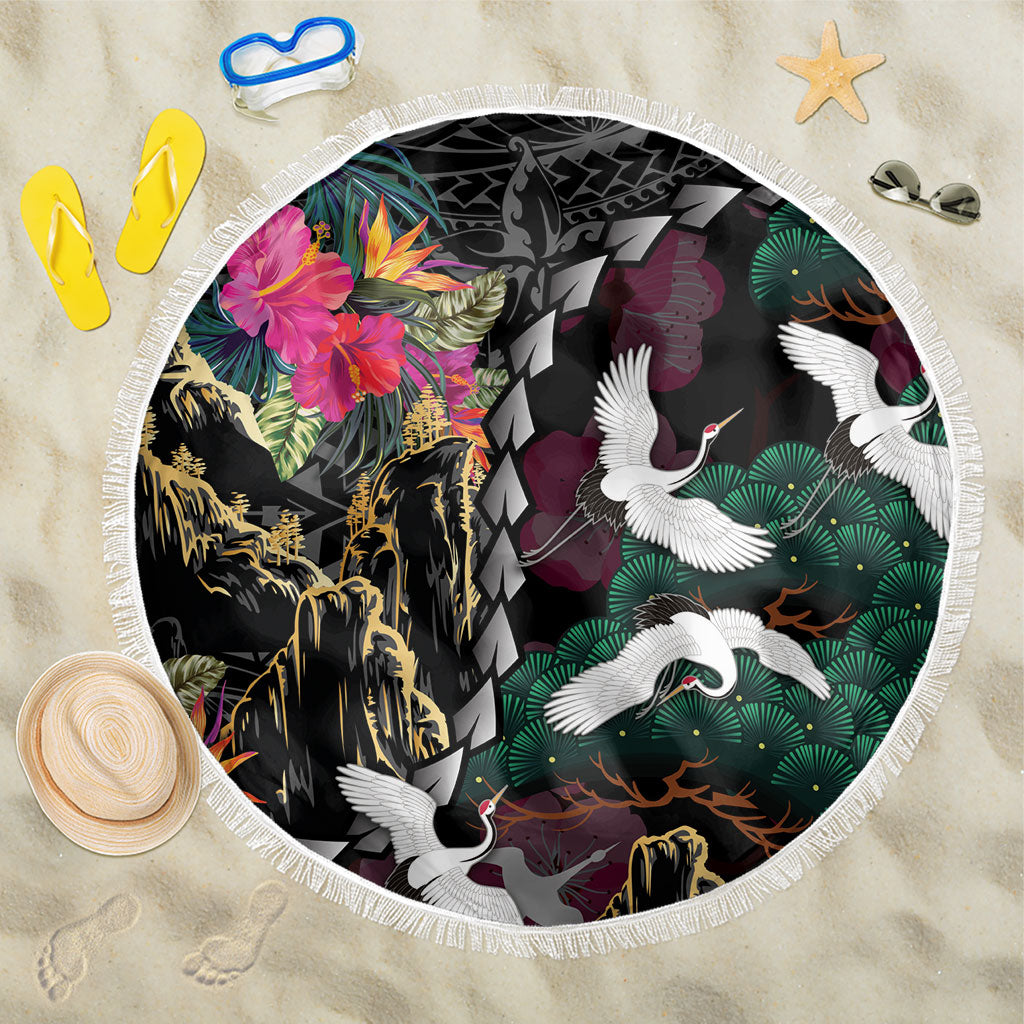 Hawaiian and Japanese Culture Beach Blanket Crane Sakura Hibiscus Tropical Vibes LT14 One Size 150cm Black - Polynesian Pride