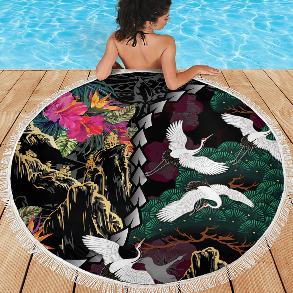 Hawaiian and Japanese Culture Beach Blanket Crane Sakura Hibiscus Tropical Vibes