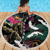 Hawaiian and Japanese Culture Beach Blanket Crane Sakura Hibiscus Tropical Vibes