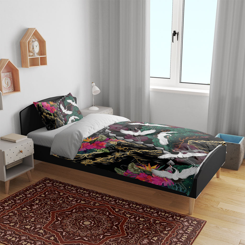 Hawaiian and Japanese Culture Bedding Set Crane Sakura Hibiscus Tropical Vibes