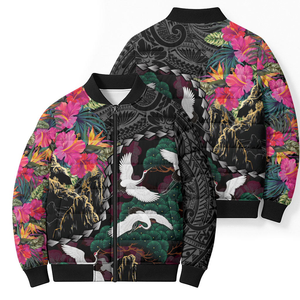 Hawaiian and Japanese Culture Bomber Puffer Jacket Crane Sakura Hibiscus Tropical Vibes