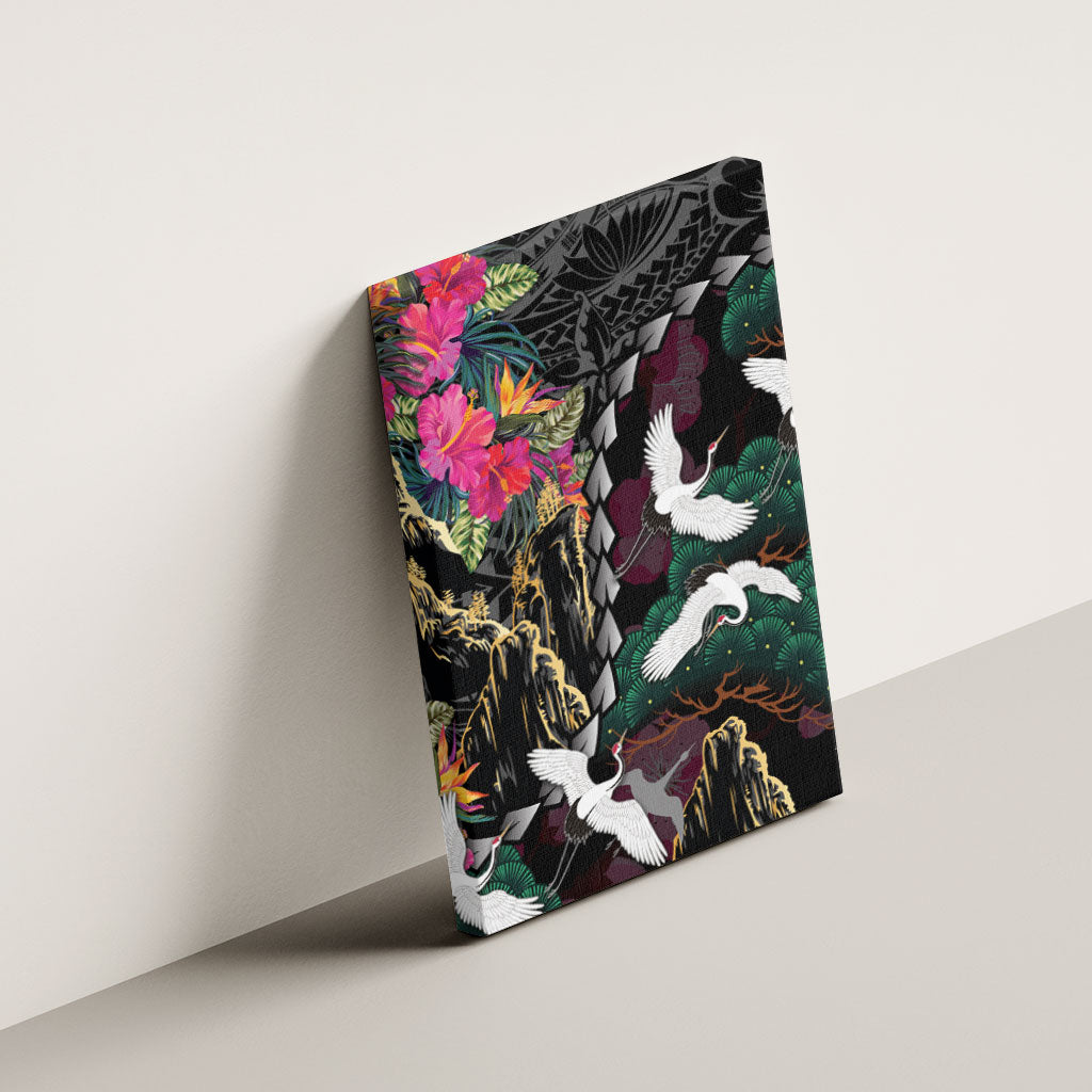 Hawaiian and Japanese Culture Canvas Wall Art Crane Sakura Hibiscus Tropical Vibes