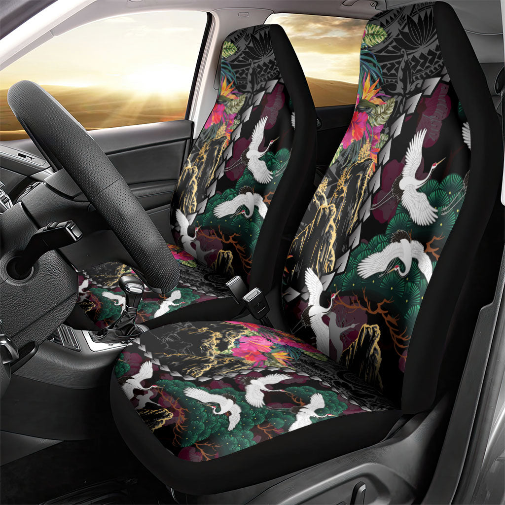Hawaiian and Japanese Culture Car Seat Cover Crane Sakura Hibiscus Tropical Vibes