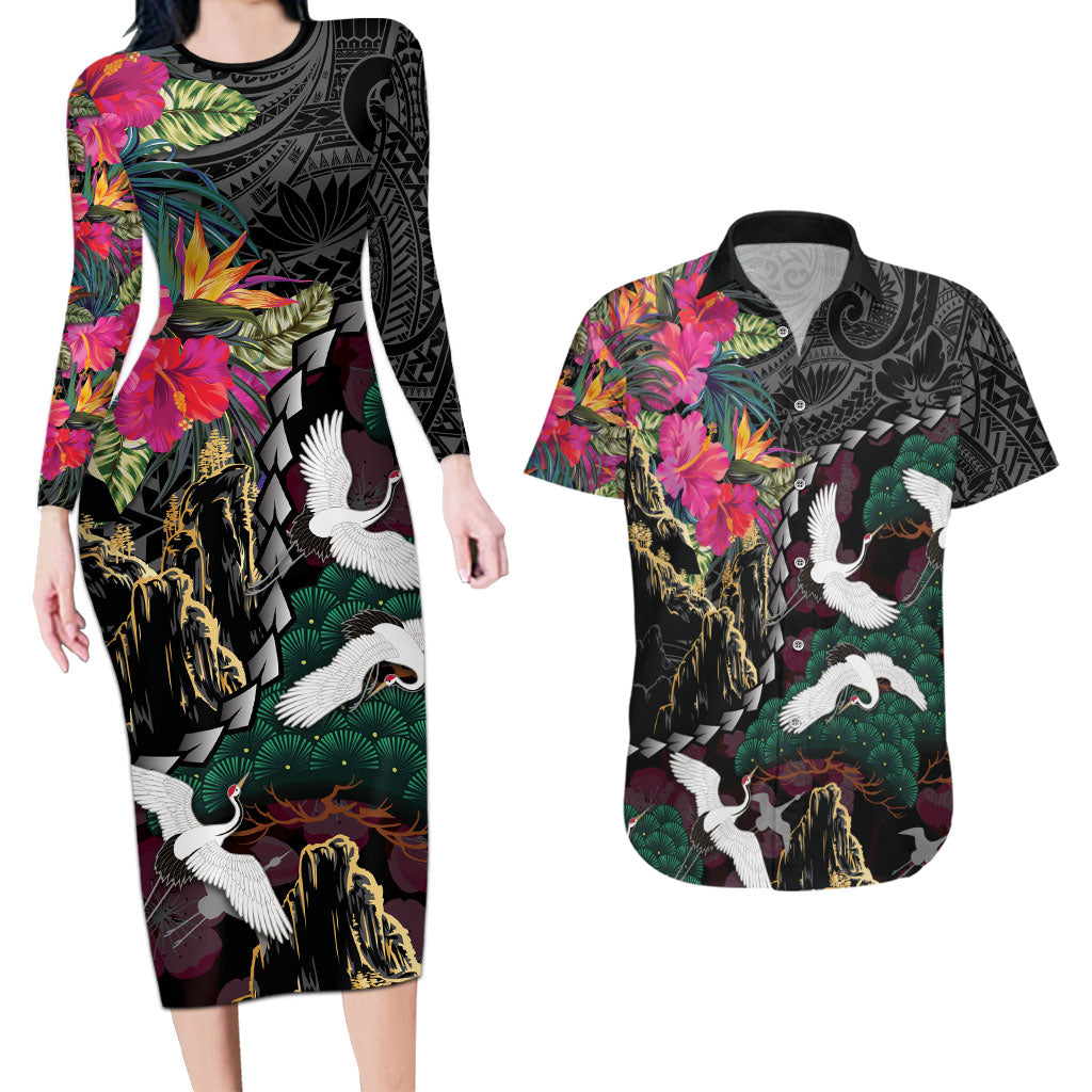 Hawaiian and Japanese Culture Couples Matching Long Sleeve Bodycon Dress and Hawaiian Shirt Crane Sakura Hibiscus Tropical Vibes