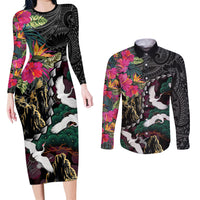 Hawaiian and Japanese Culture Couples Matching Long Sleeve Bodycon Dress and Long Sleeve Button Shirt Crane Sakura Hibiscus Tropical Vibes