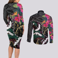 Hawaiian and Japanese Culture Couples Matching Long Sleeve Bodycon Dress and Long Sleeve Button Shirt Crane Sakura Hibiscus Tropical Vibes