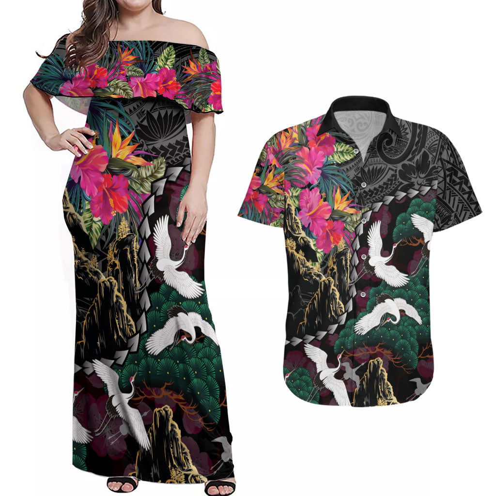 Hawaiian and Japanese Culture Couples Matching Off Shoulder Maxi Dress and Hawaiian Shirt Crane Sakura Hibiscus Tropical Vibes