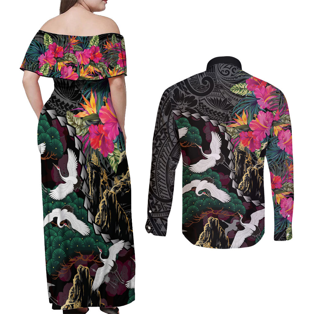 Hawaiian and Japanese Culture Couples Matching Off Shoulder Maxi Dress and Long Sleeve Button Shirt Crane Sakura Hibiscus Tropical Vibes