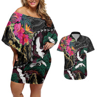 Hawaiian and Japanese Culture Couples Matching Off Shoulder Short Dress and Hawaiian Shirt Crane Sakura Hibiscus Tropical Vibes