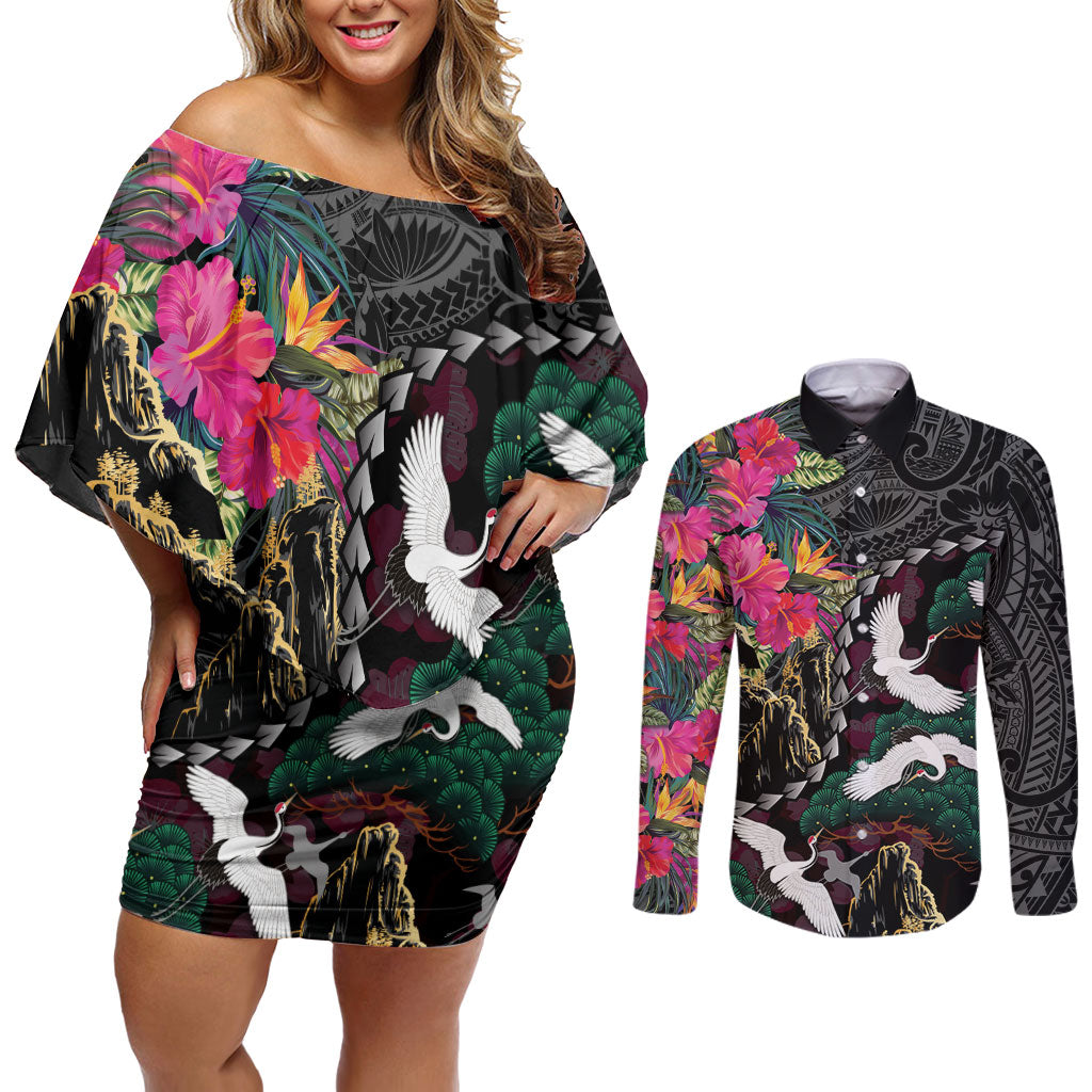 Hawaiian and Japanese Culture Couples Matching Off Shoulder Short Dress and Long Sleeve Button Shirt Crane Sakura Hibiscus Tropical Vibes