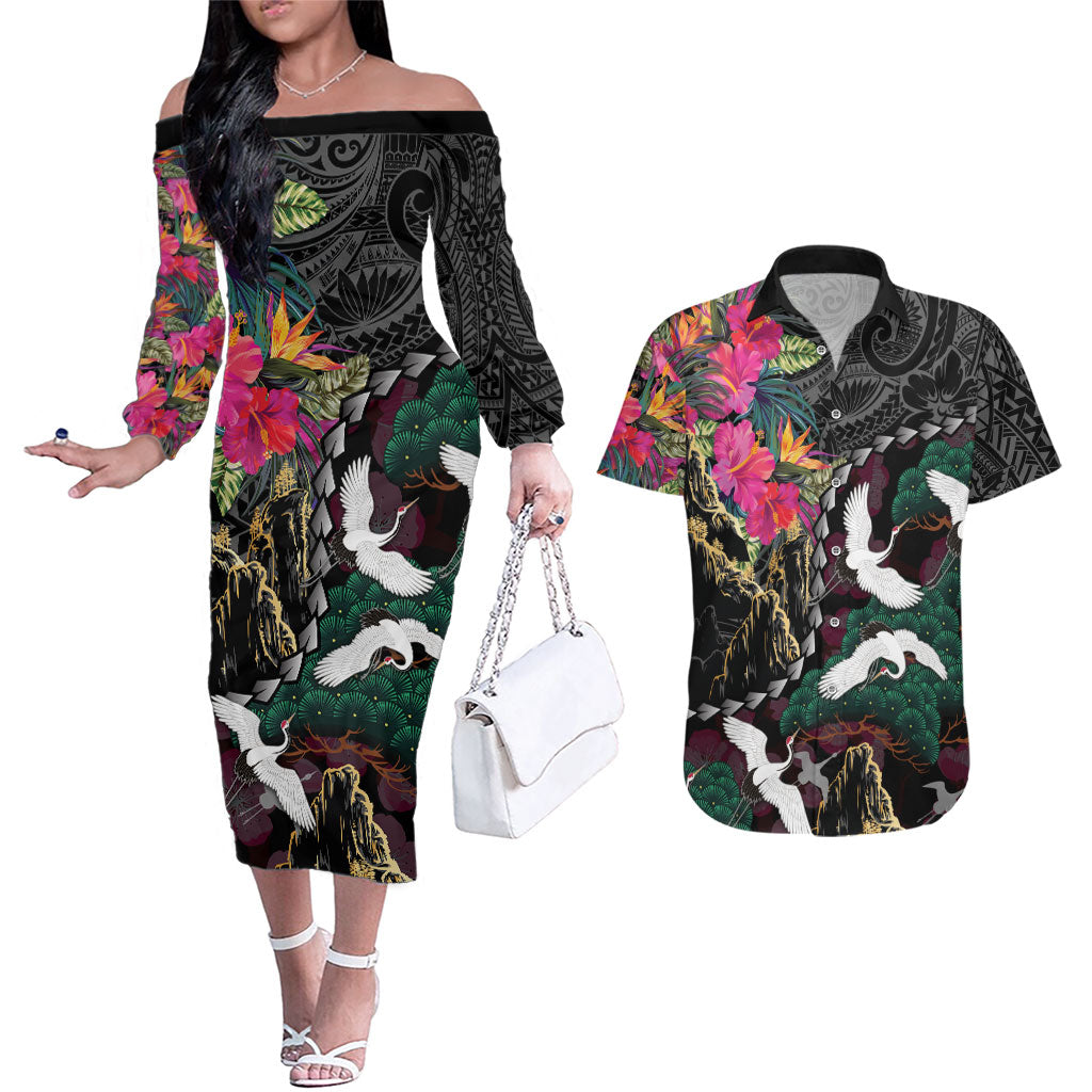 Hawaiian and Japanese Culture Couples Matching Off The Shoulder Long Sleeve Dress and Hawaiian Shirt Crane Sakura Hibiscus Tropical Vibes