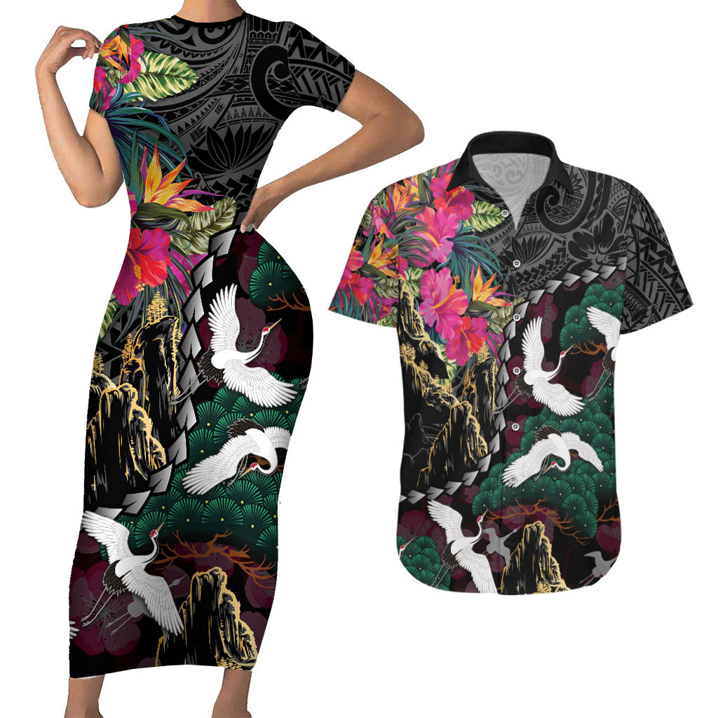 Hawaiian and Japanese Culture Couples Matching Short Sleeve Bodycon Dress and Hawaiian Shirt Crane Sakura Hibiscus Tropical Vibes