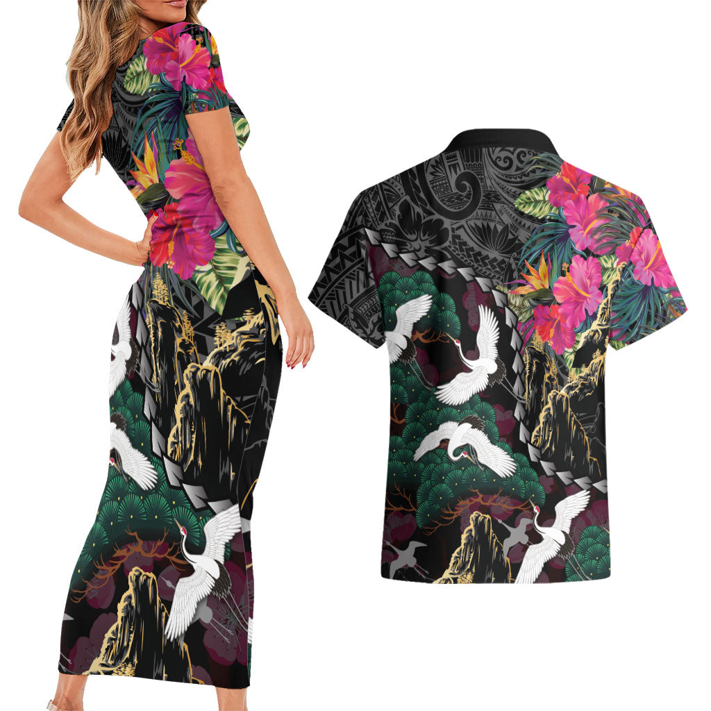 Hawaiian and Japanese Culture Couples Matching Short Sleeve Bodycon Dress and Hawaiian Shirt Crane Sakura Hibiscus Tropical Vibes