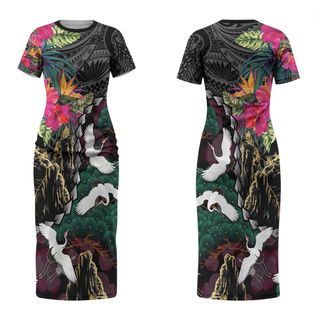 Hawaiian and Japanese Culture Couples Matching Short Sleeve Bodycon Dress and Hawaiian Shirt Crane Sakura Hibiscus Tropical Vibes LT14 - Polynesian Pride