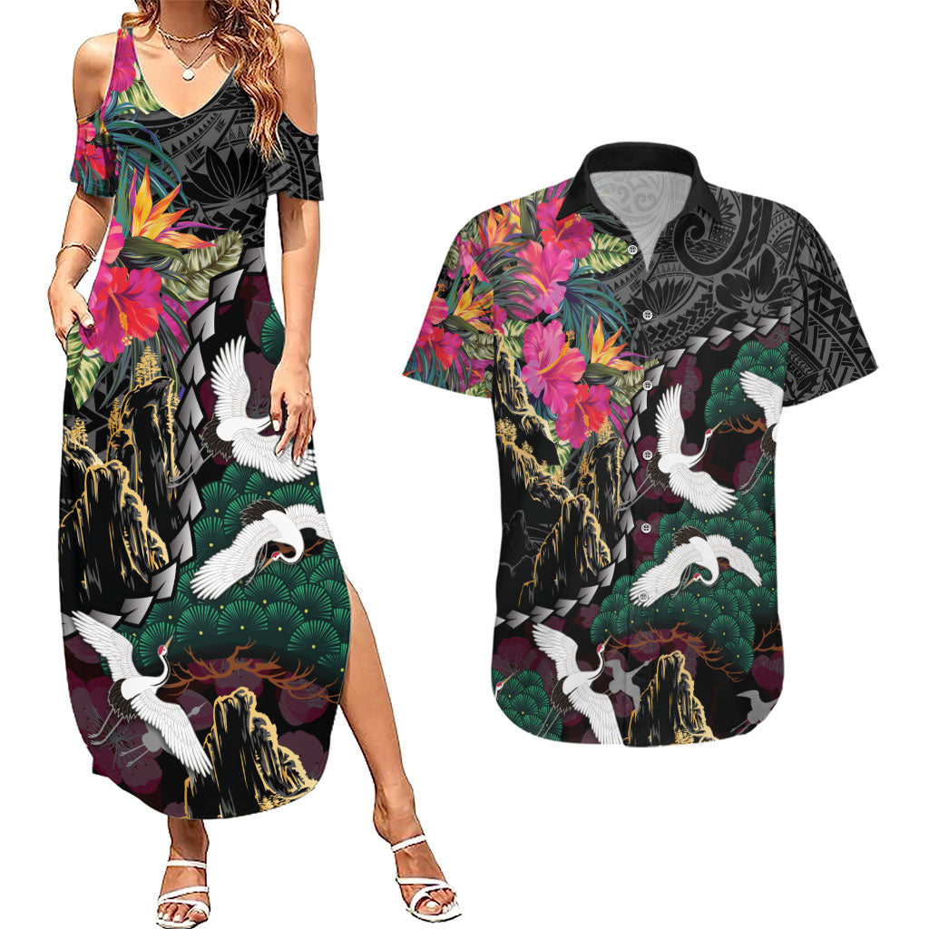 Hawaiian and Japanese Culture Couples Matching Summer Maxi Dress and Hawaiian Shirt Crane Sakura Hibiscus Tropical Vibes