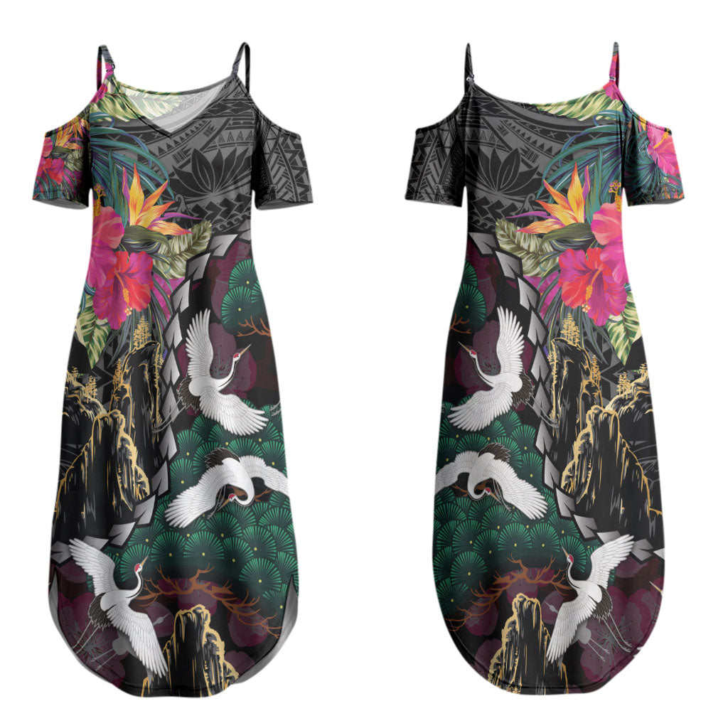 Hawaiian and Japanese Culture Couples Matching Summer Maxi Dress and Hawaiian Shirt Crane Sakura Hibiscus Tropical Vibes LT14 - Polynesian Pride