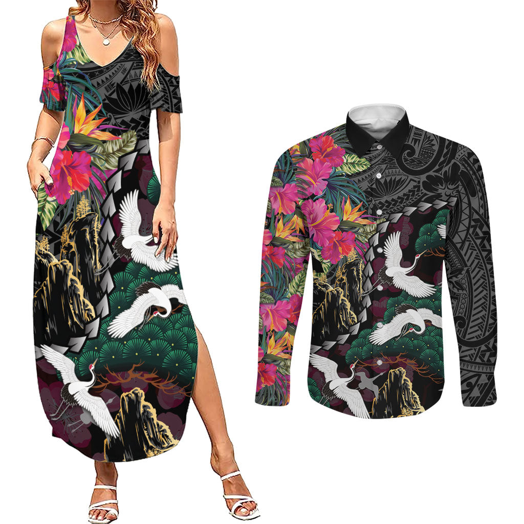 Hawaiian and Japanese Culture Couples Matching Summer Maxi Dress and Long Sleeve Button Shirt Crane Sakura Hibiscus Tropical Vibes