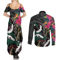 Hawaiian and Japanese Culture Couples Matching Summer Maxi Dress and Long Sleeve Button Shirt Crane Sakura Hibiscus Tropical Vibes