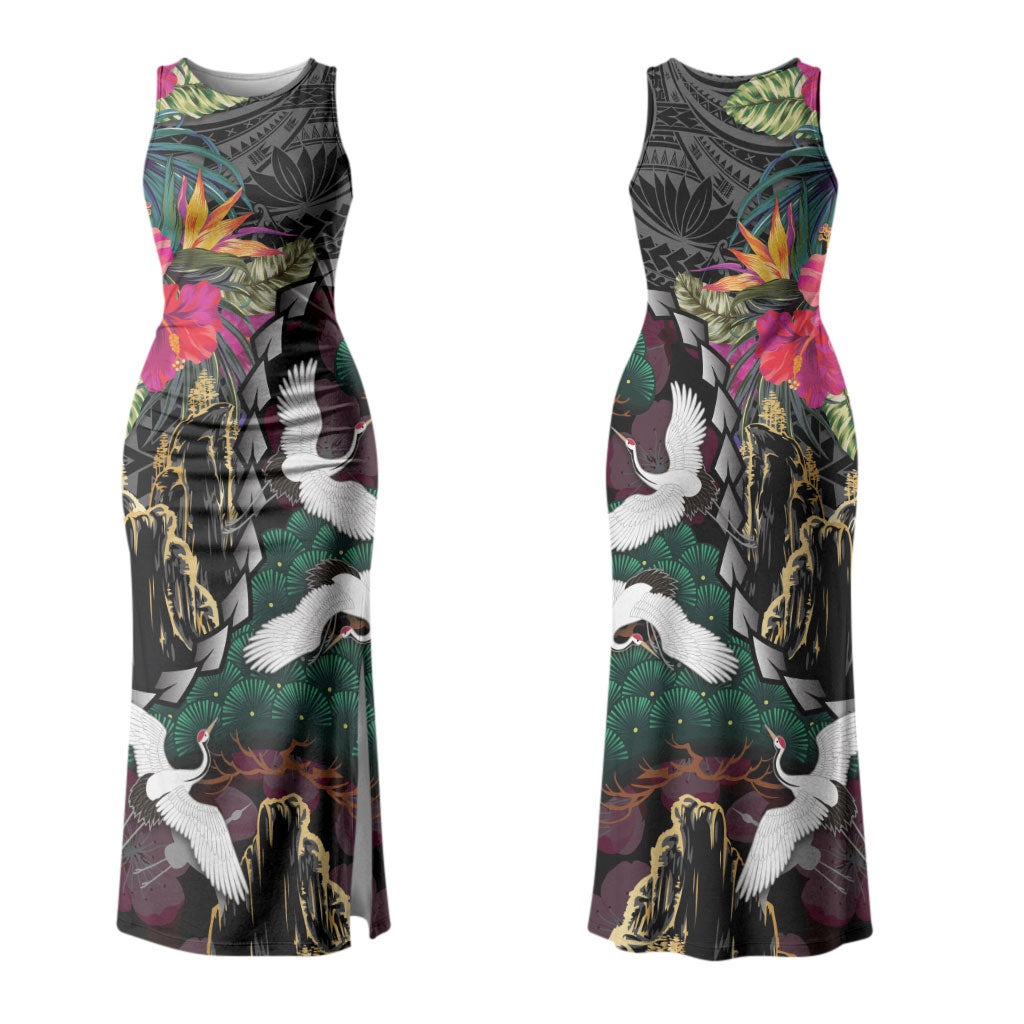 Hawaiian and Japanese Culture Couples Matching Tank Maxi Dress and Hawaiian Shirt Crane Sakura Hibiscus Tropical Vibes LT14 - Polynesian Pride
